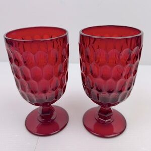 Vtg Lot Of 2 Fenton Ruby Red Goblet Thumbprint Footed Ice Tea Water Glass 14 oz